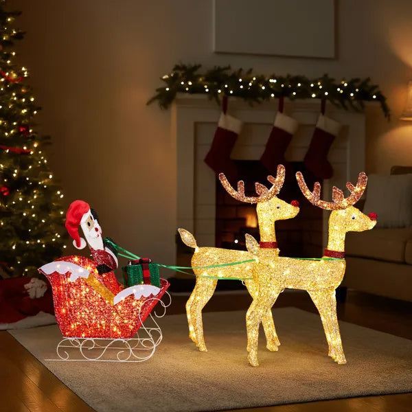 Lighted Reindeer Pulling Sleigh Christmas Decoration - Pre-lit Holiday Decor