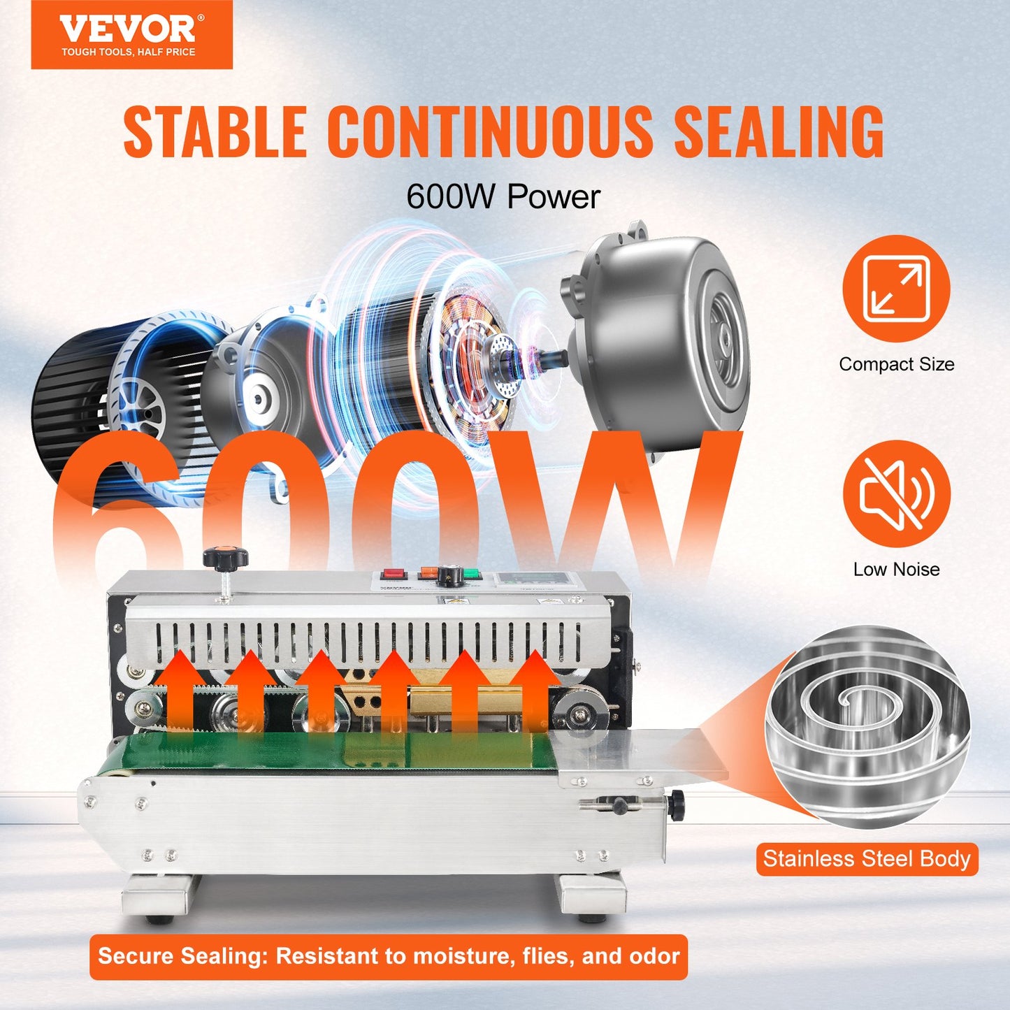 Continuous Band Sealer - Horizontal Stainless Steel Bag Sealing Machine 600W