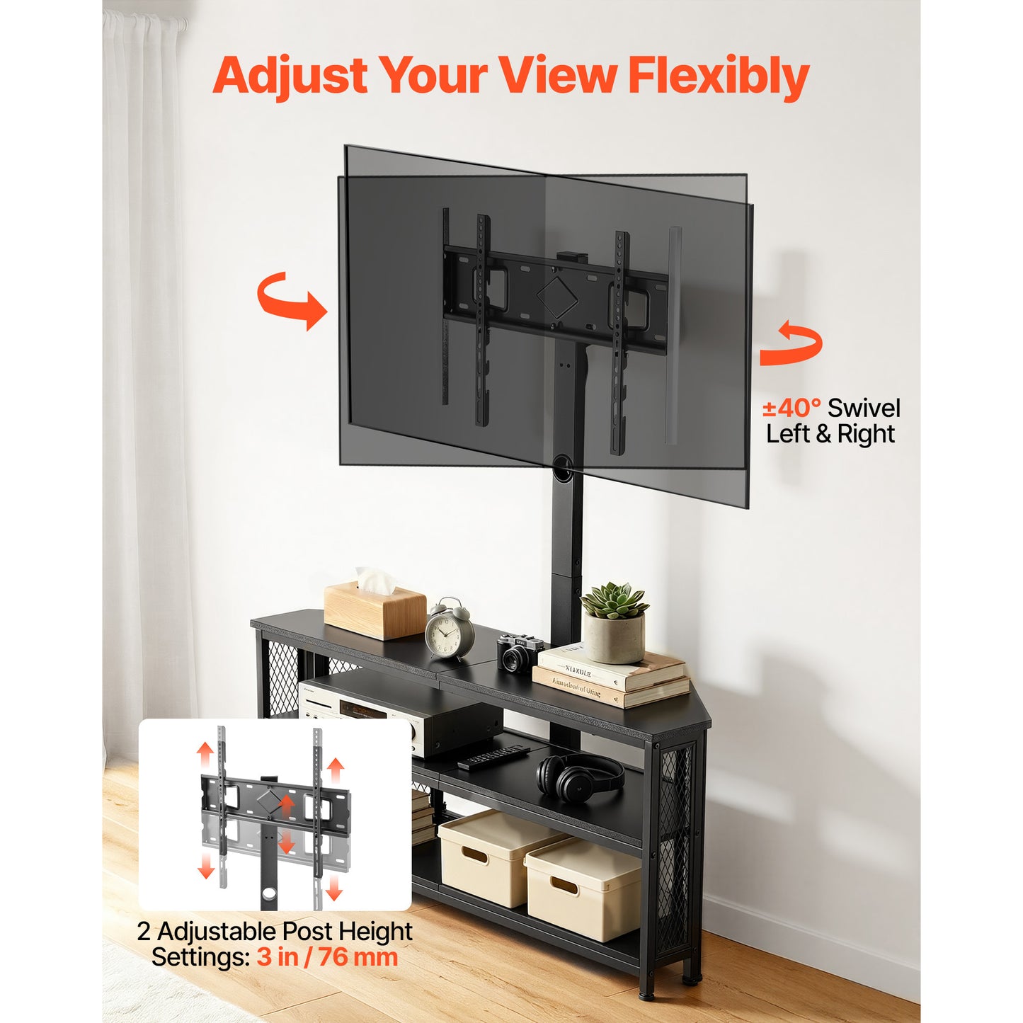 45.3 Inch Corner TV Stand with Mount, Height-Adjustable Entertainment Center with Storage & LED Lights, Fits 32-75 Inch TVs, Black