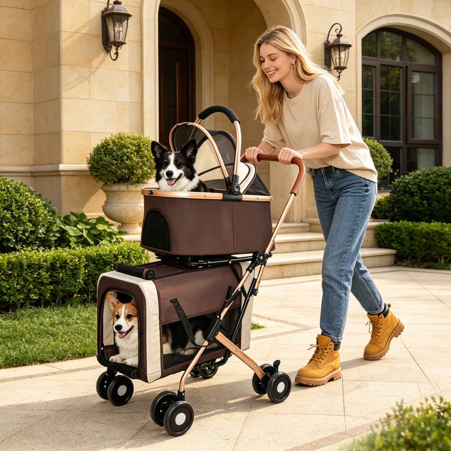 Double Pet Stroller for Dogs and Cats - Foldable, 3-in-1 Carrier with Shockproof Wheels