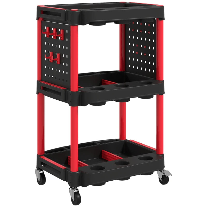 3-Tier Rolling Tool Cart - 200 LBS Capacity Plastic Utility Cart - Black & Red