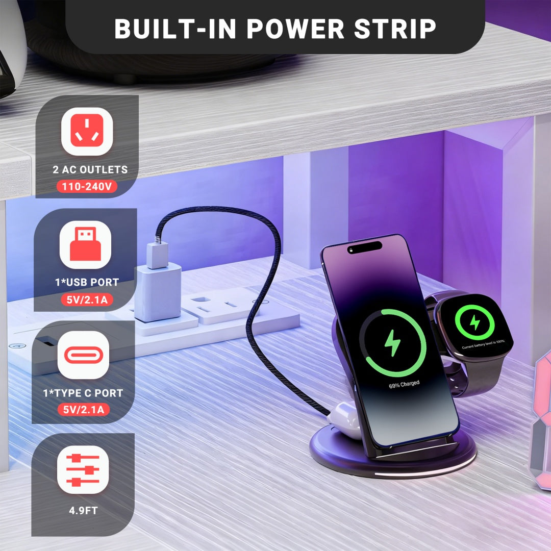 L-Shaped Gaming Table with USB Charging & LED Light