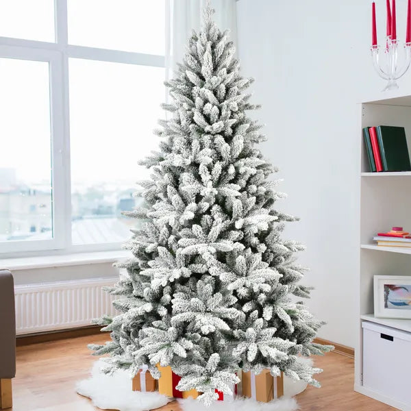 7ft Flocked Christmas Tree with 1514 Tips - Snowy Hinged Design