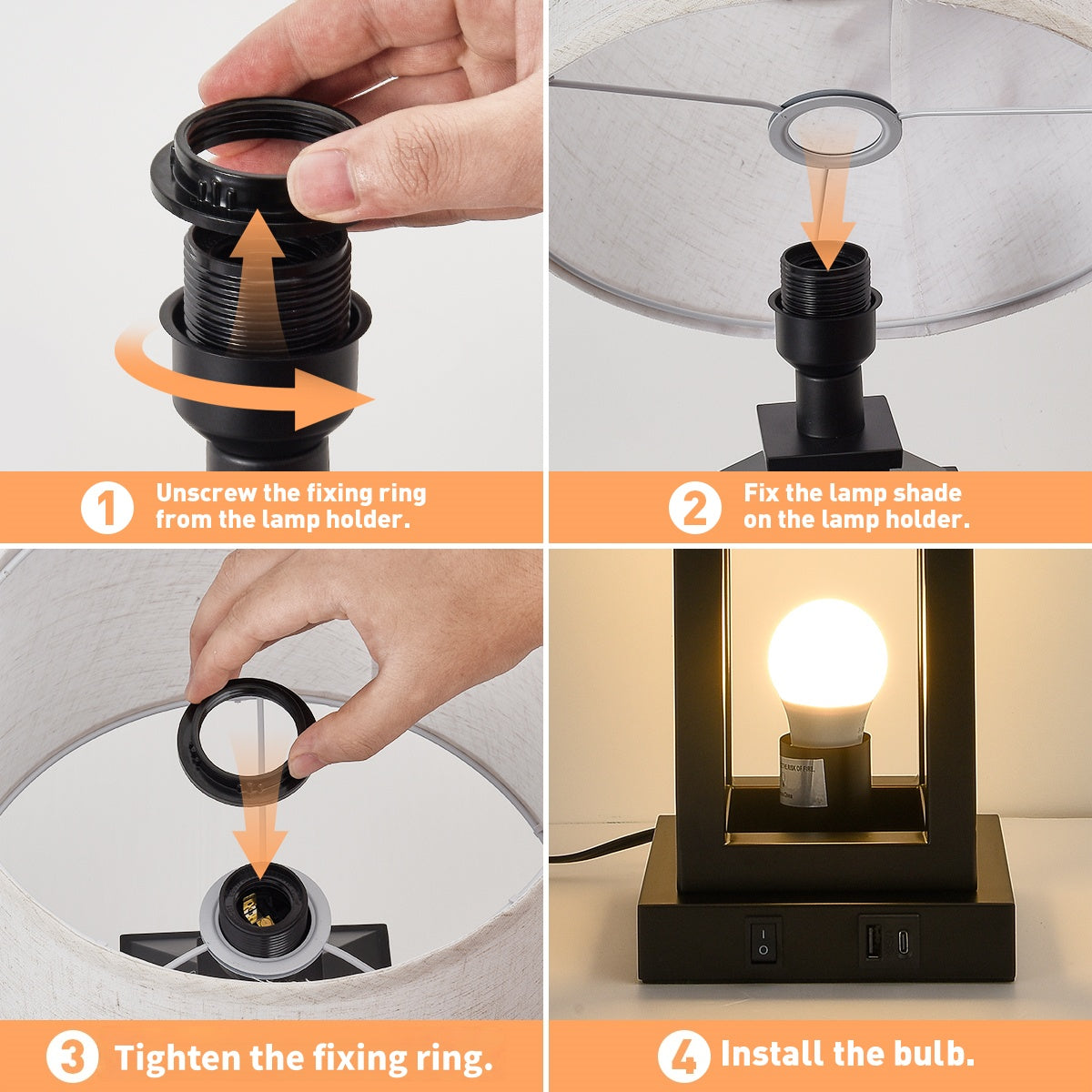 Dimmable Black Farmhouse Bedside Table Lamp with USB Ports
