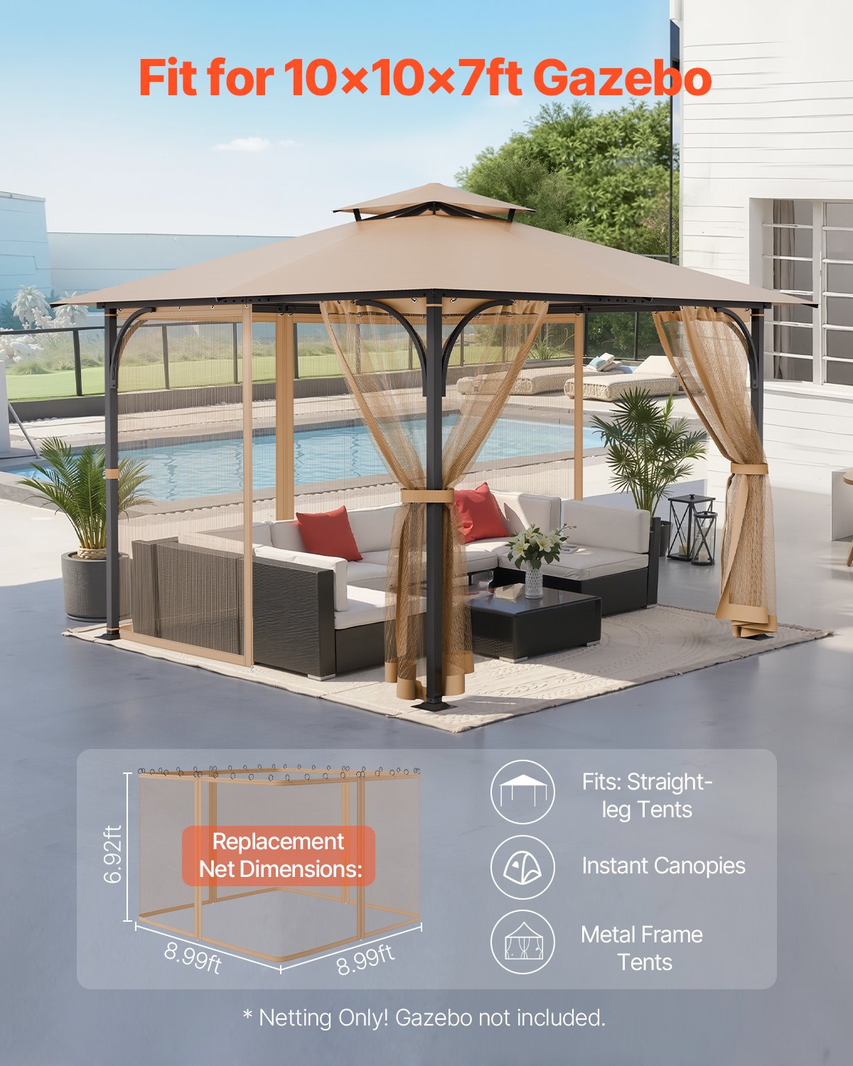 Replacement Mesh Gazebo Netting for 10x10 Ft Outdoor Patio - Brown, 8.99ft x 8.99ft