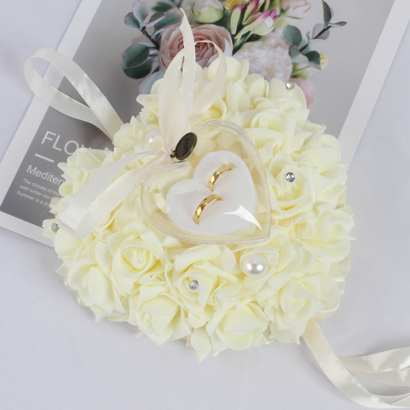 Wedding Pearl Ring Pillow with PE Foam Rose for Bridal Ceremony
