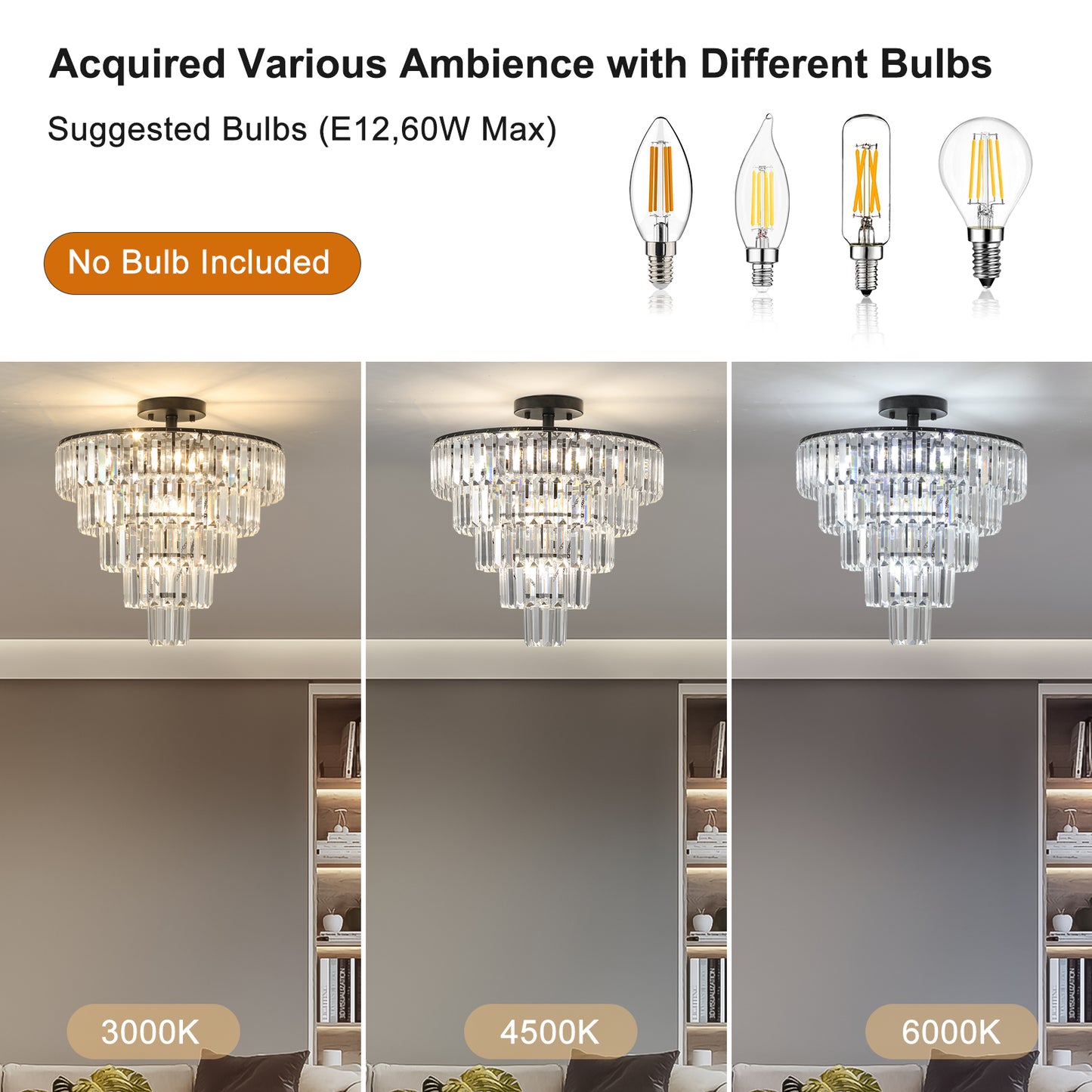 Modern Black Crystal Chandelier - 10-Light Flush Mount Fixture