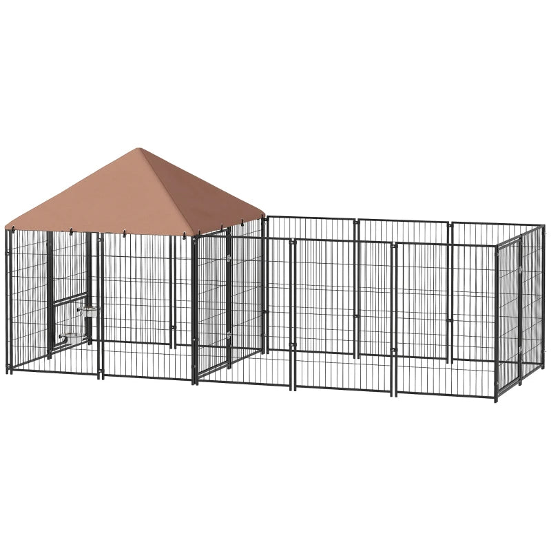 Large Outdoor Dog Kennel with Rotating Adjustable Feed Bowls Waterproof Canopy
