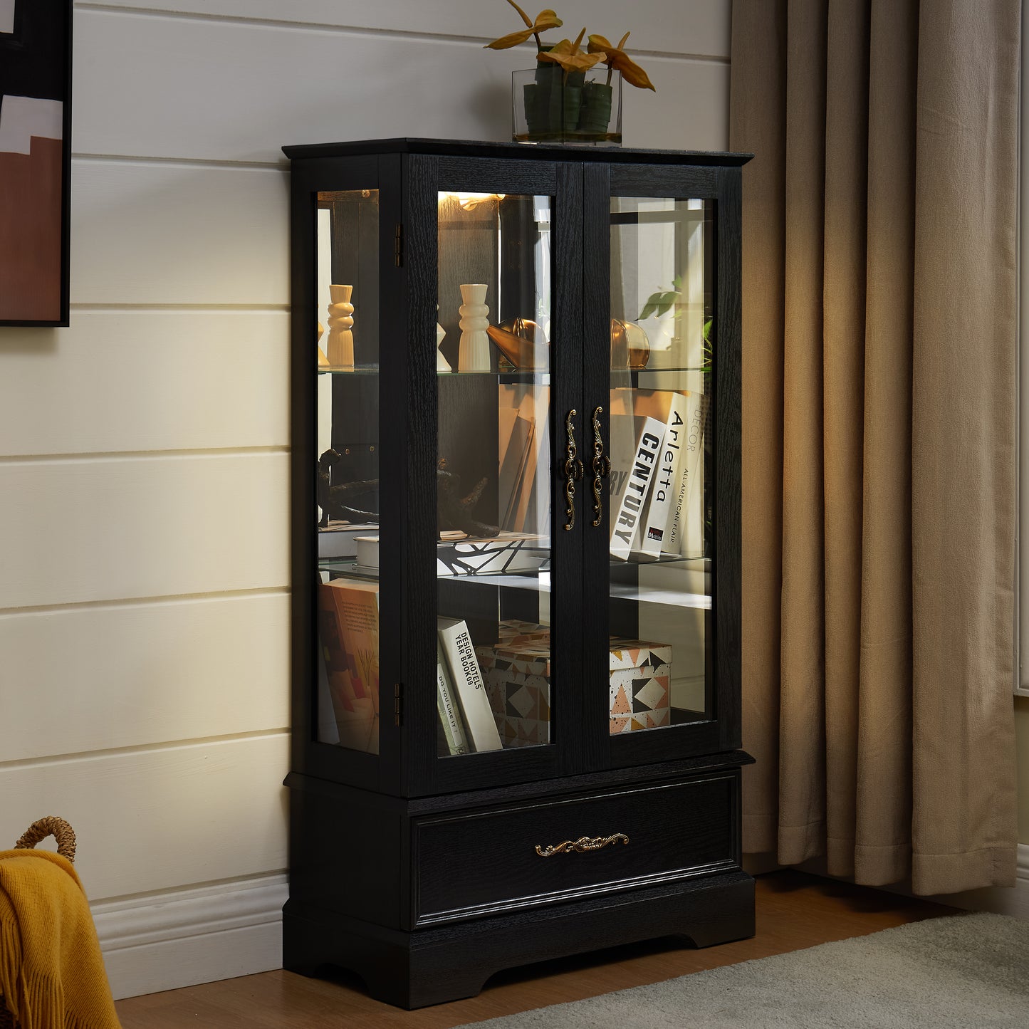 Lighted Glass Curio Cabinet With Adjustable Shelves - Elegant 2-Door