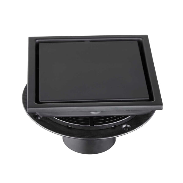 6-Inch Square Shower Drain with Removable Cover & Hair Strainer - Matte Black Stainless Steel