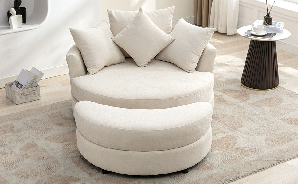 360° Swivel Accent Barrel Chair with Storage Ottoman & 4 Pillows - Cream
