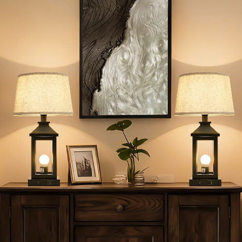 Dimmable Black Farmhouse Bedside Table Lamp with USB Ports