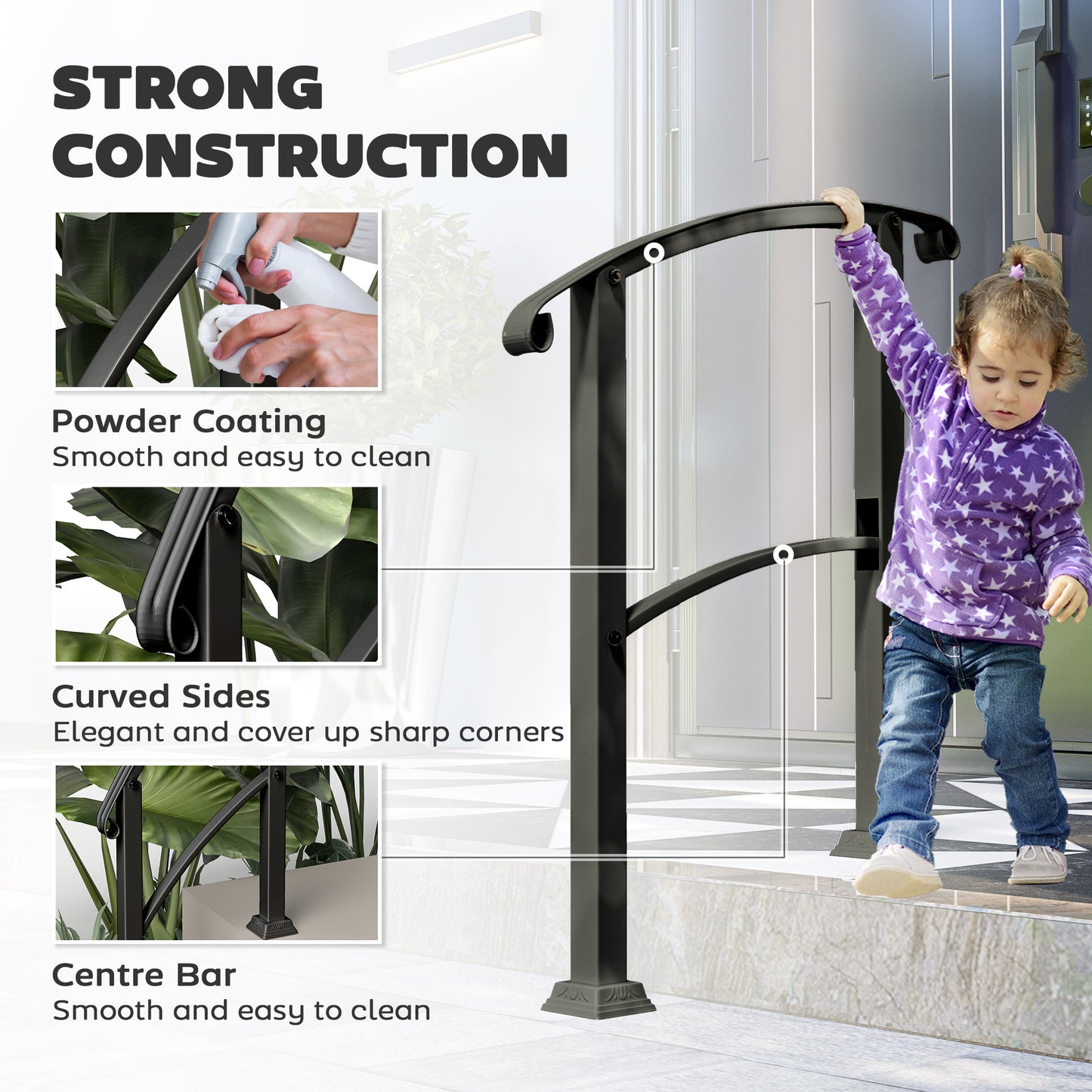 Metal Handrail for Outdoor Steps - Adjustable 0-45°, Black