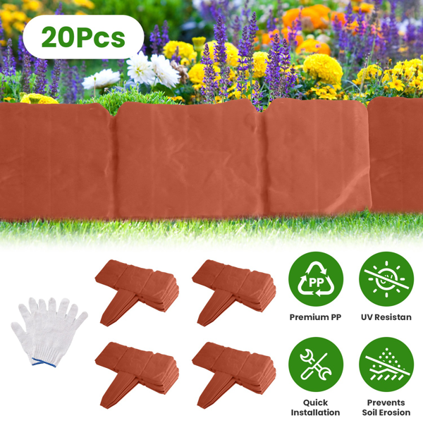 Plastic Lawn Edging 20-Piece Interlocking Garden Border for Flower Beds & Walkways
