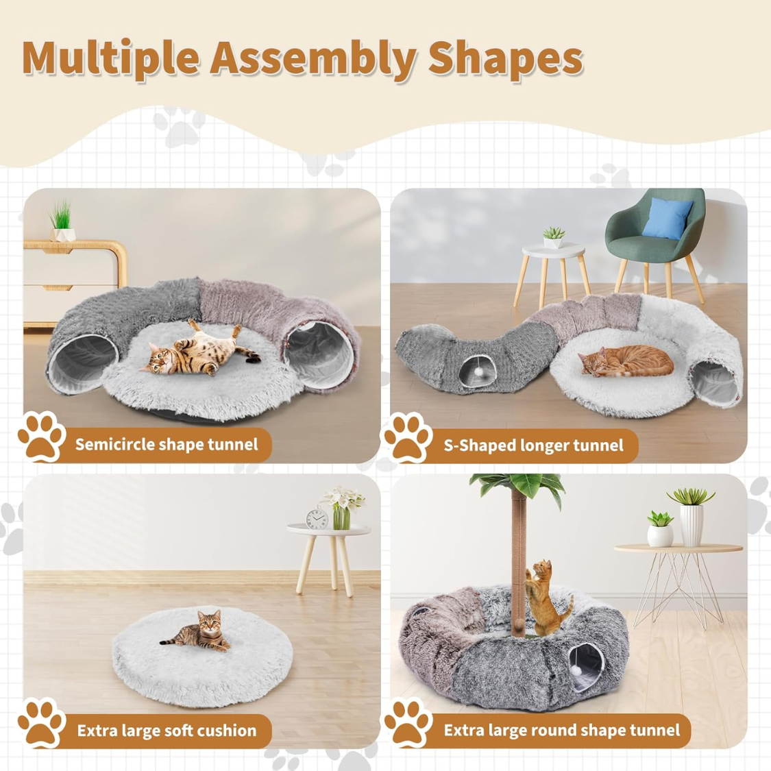 Large Cat Tunnel Bed with Toys - Cozy Plush Play Cave for Indoor Cats
