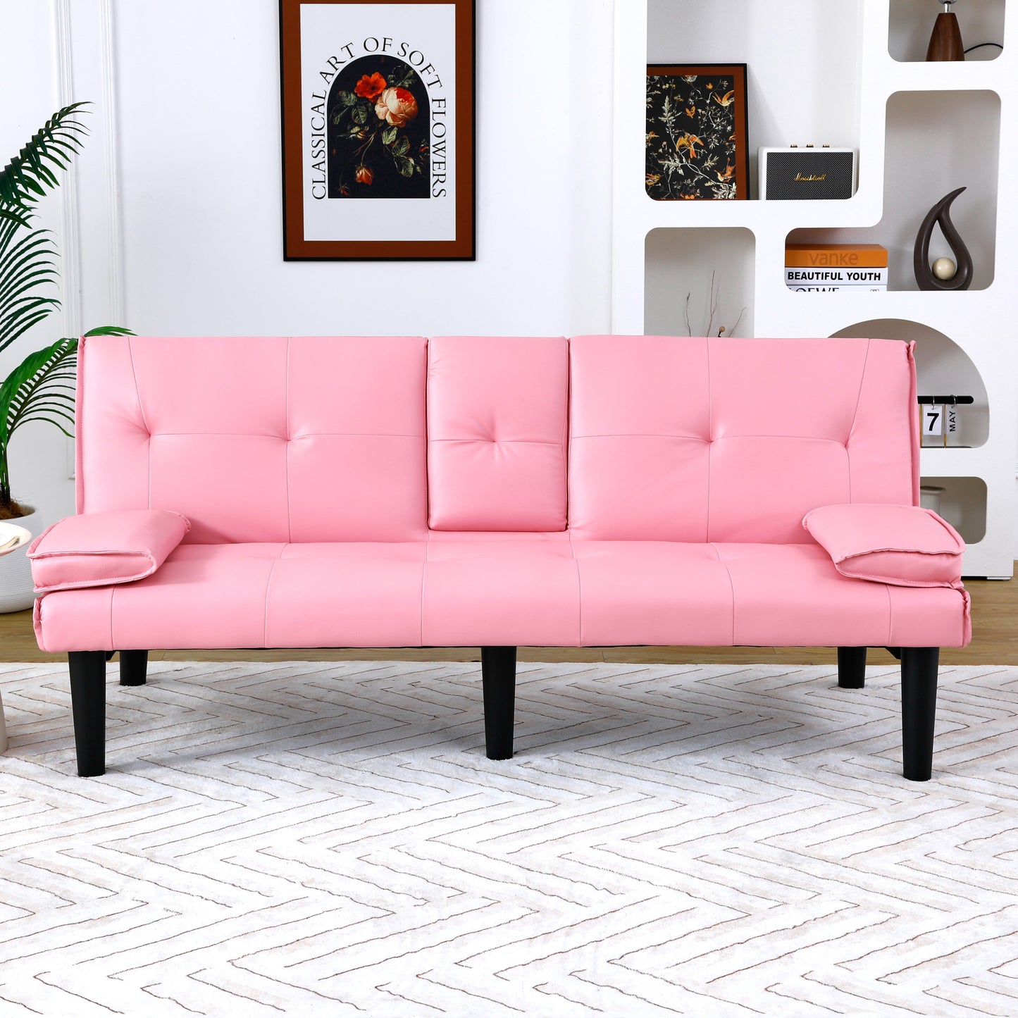 67-Inch Pink PVC Sofa Bed with Foldable Design & Cup Holder