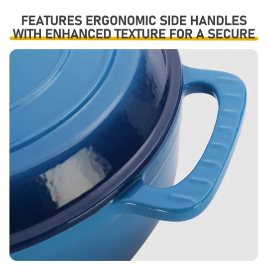 6QT Cast Iron Enamel Cooking Pot - Gradient Blue with Silicone Gloves