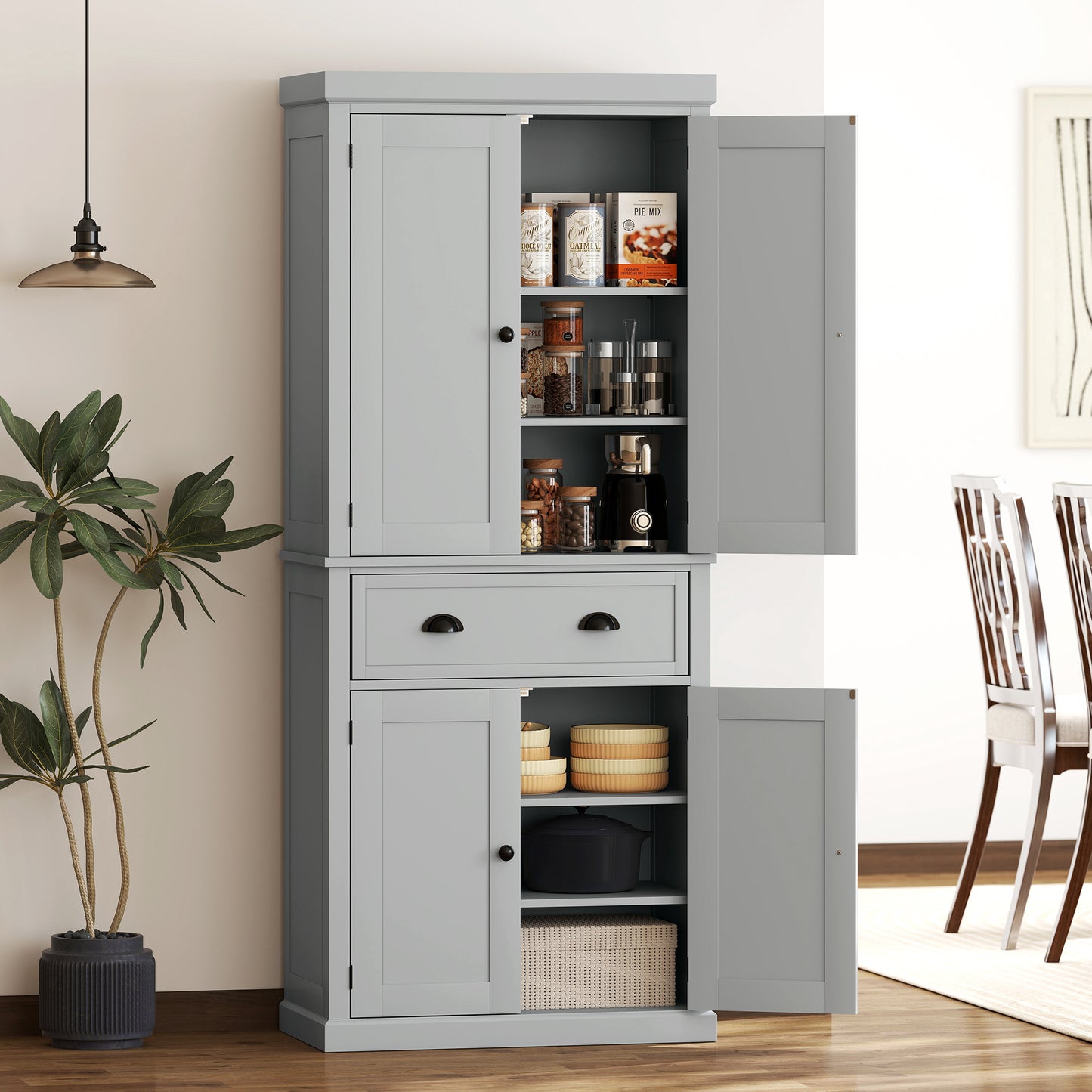 72.5" Gray Kitchen Storage Cabinet with Doors & Shelves