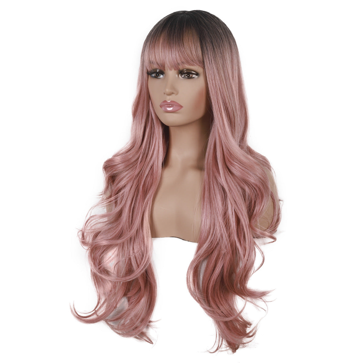 Long Curly Hair Wig with Bangs - Pink
