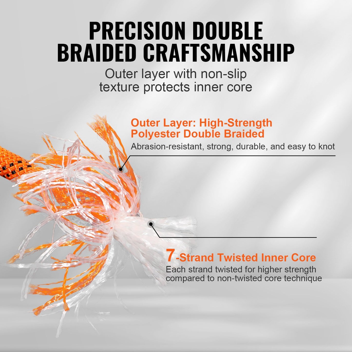 Outdoor Climbing Rope 3/8 Inch x 120 Ft Double Braided Polyester - High Strength, Orange/Black
