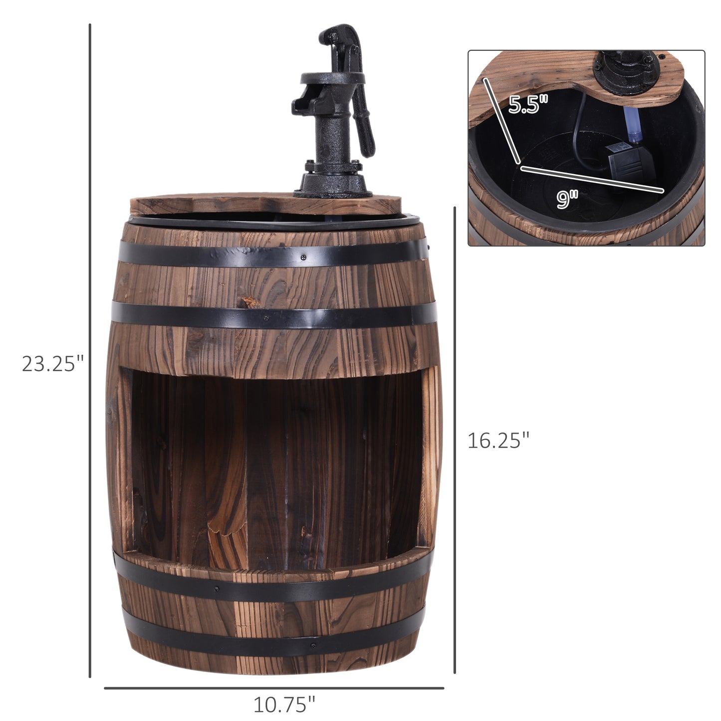 Outdoor Wooden Water Fountain Pump Garden Decor - 23 Inch, Rustic