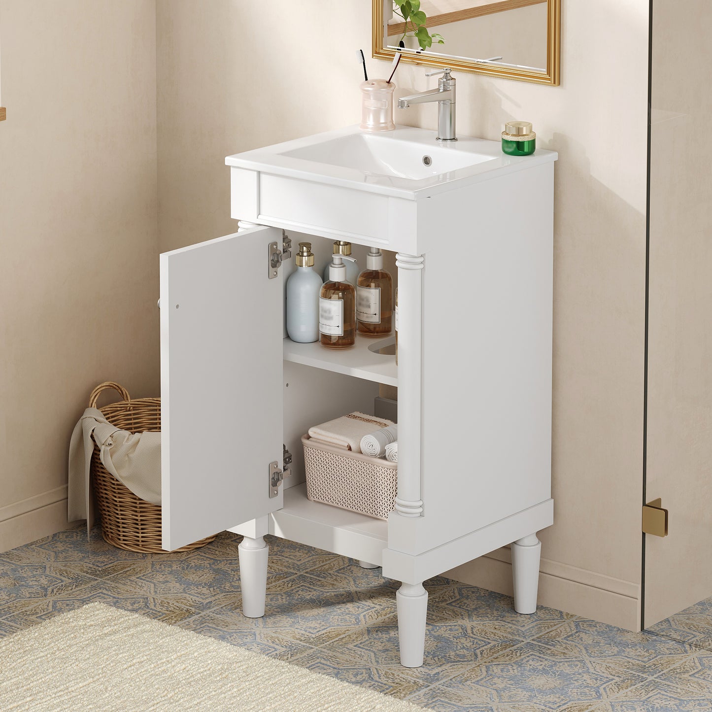 18" French Style Bathroom Cabinet with Ceramic Sink & Storage