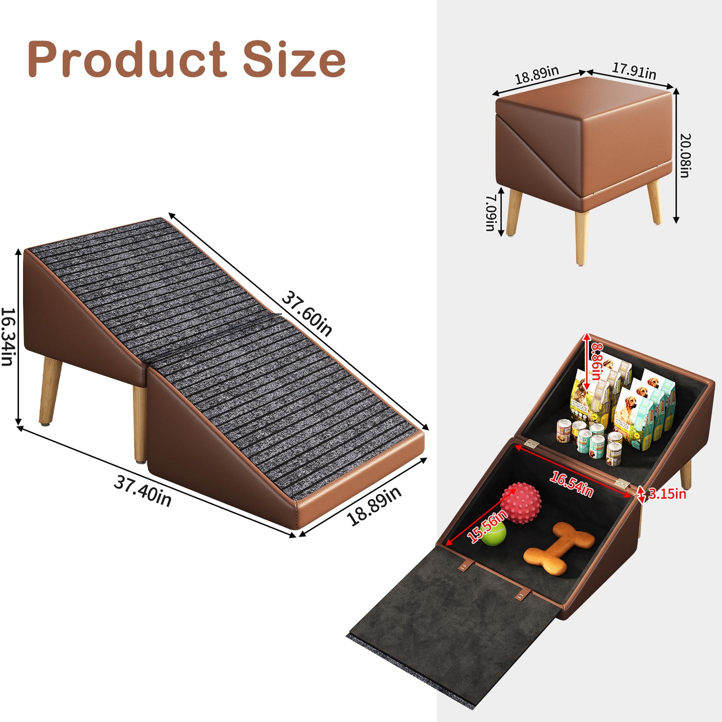 3-in-1 Pet Ramp with Storage and Footstool - Non-Slip, Supports 265 lbs, Brown