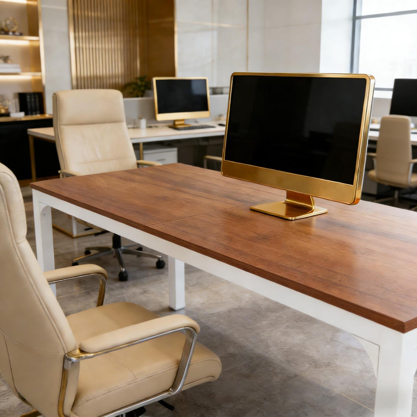 Large Rectangle Computer Desk - Dual Workspace, Industrial Design - Brown/White