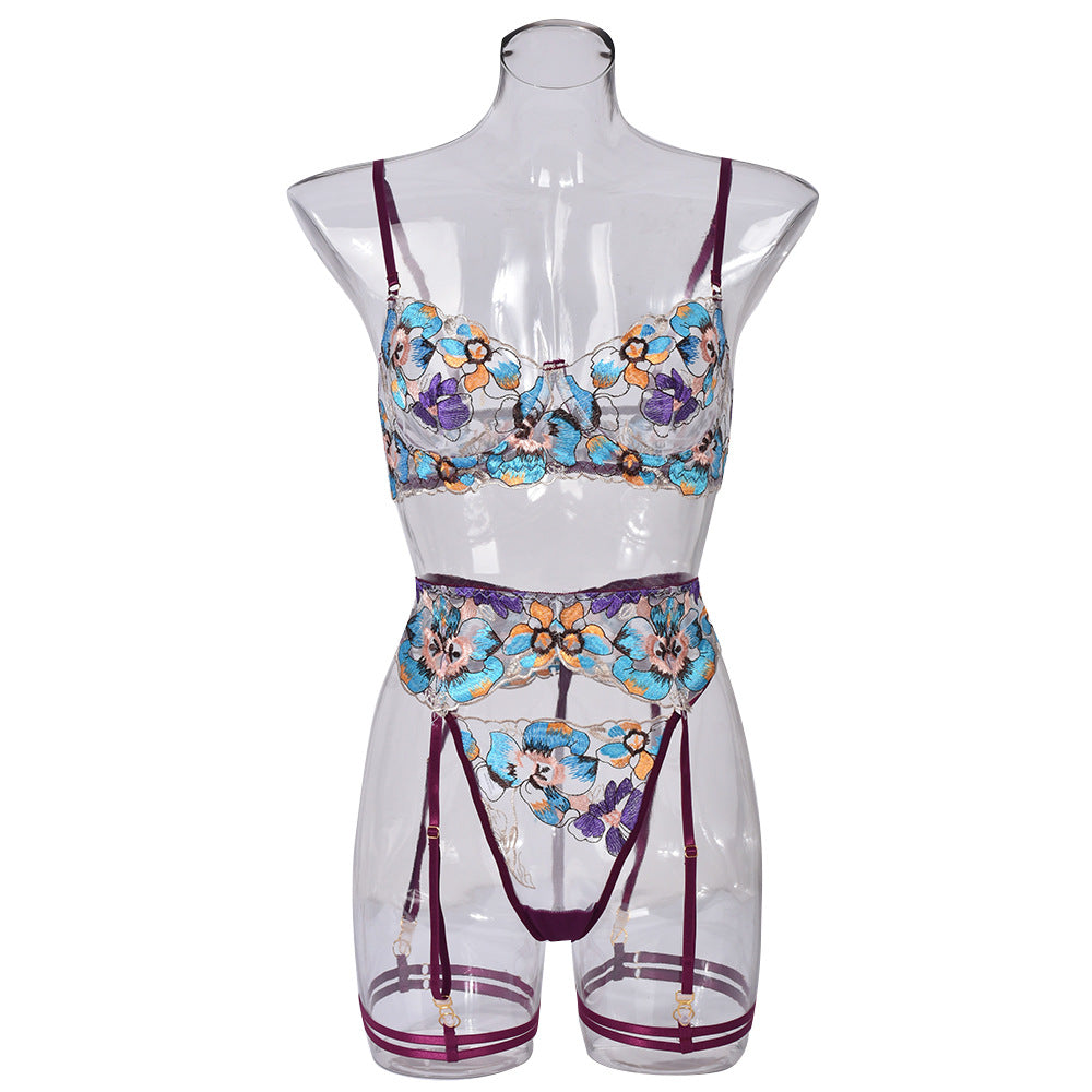 Gather Perspective Embroidery 5-Piece Lingerie Set for Women - Purple & Apricot