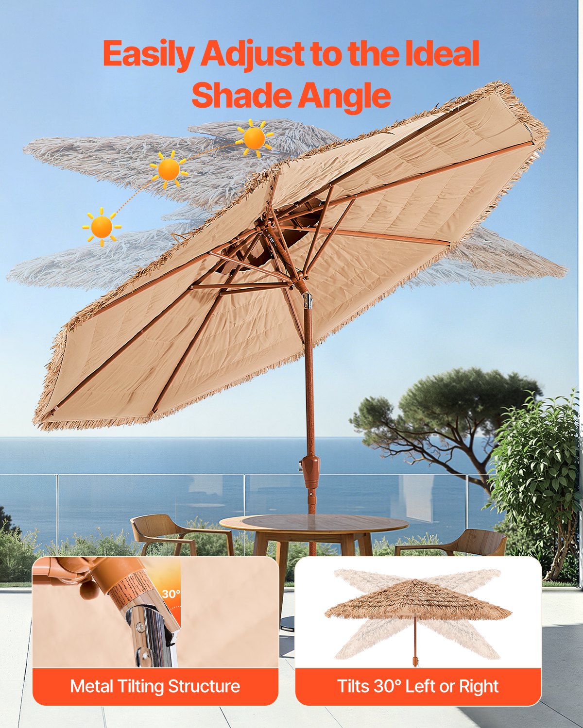 9 Ft Tiki Umbrella Thatched Patio Shade with Tilt - Natural