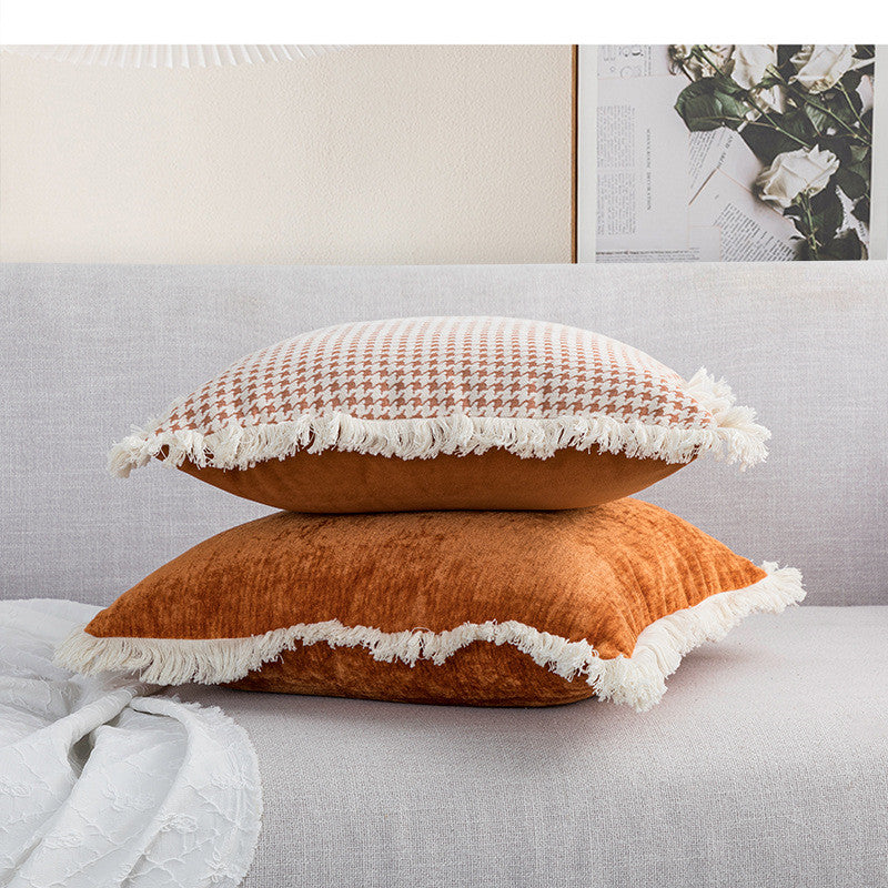 Decorative Tassel Lace Pillow Cover - Modern Houndstooth & Orange Cushion Case