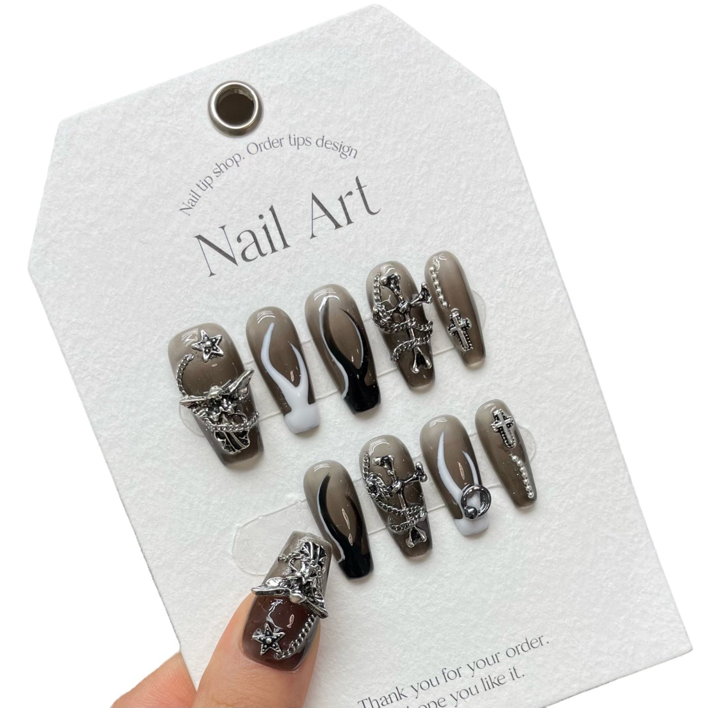 Dark-Style Black and White Nail Art Tips Set for Women
