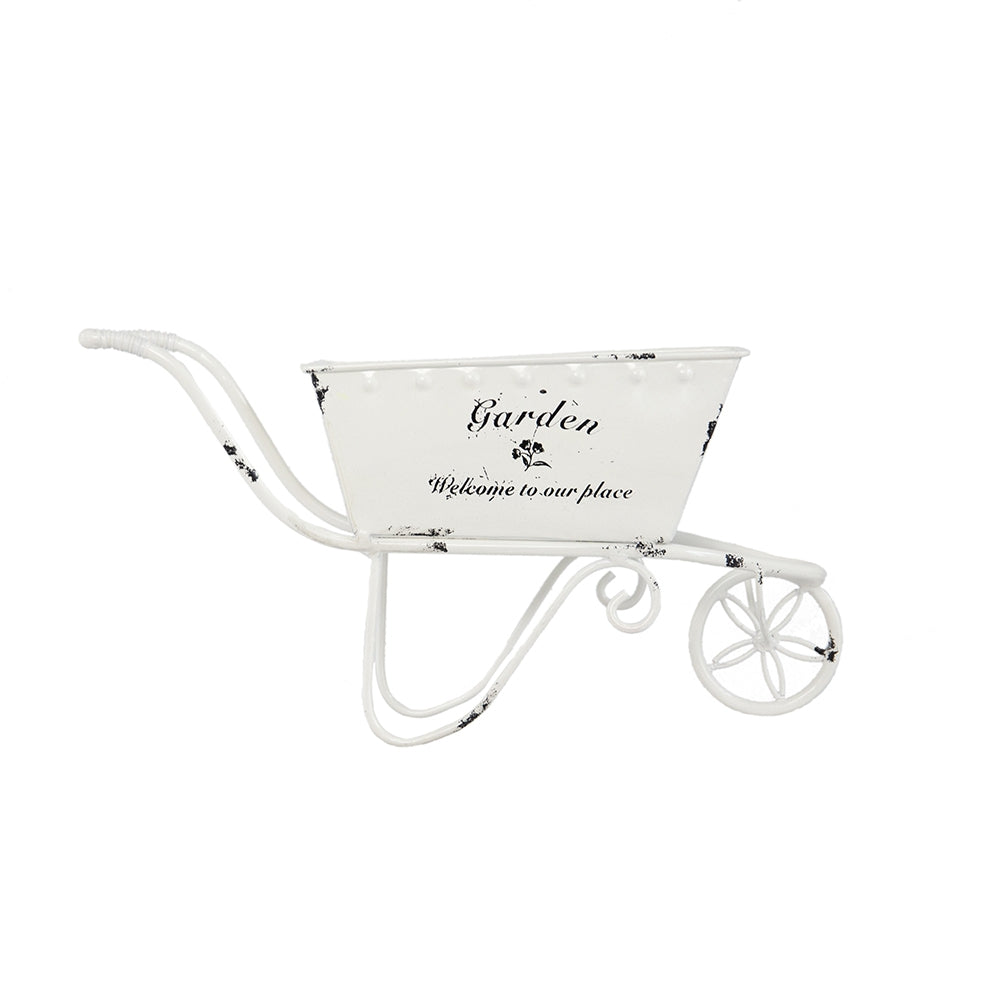11.5x4x7 White Metal Decorative Disressed Wheelbarrow Planter,