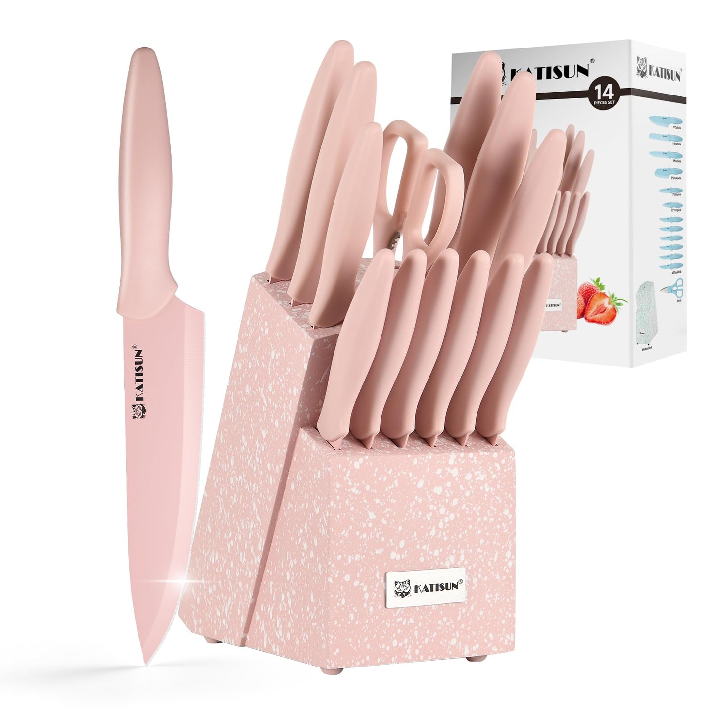 14-Piece Kitchen Knife Set with Block - Pink Non-Stick Stainless Steel