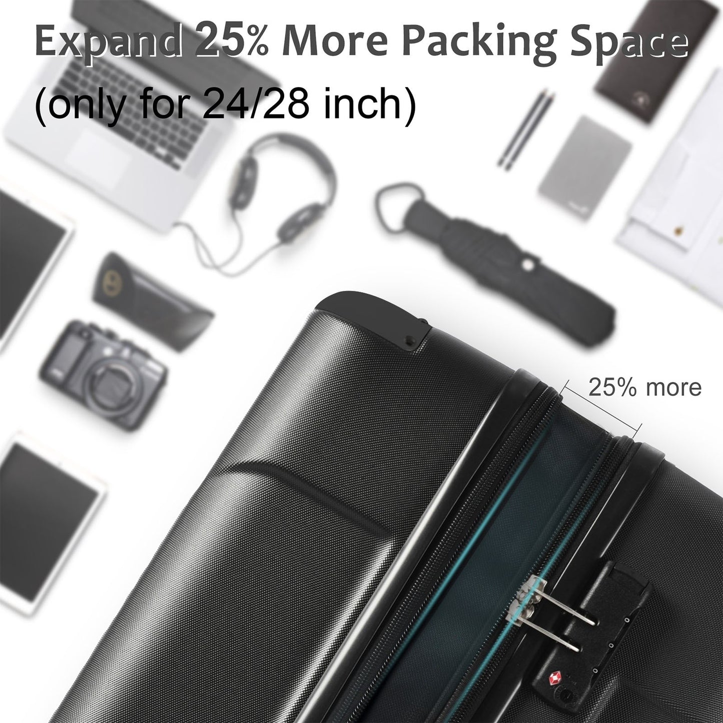 24-Inch Expandable Hardshell Luggage - Lightweight Black Suitcase