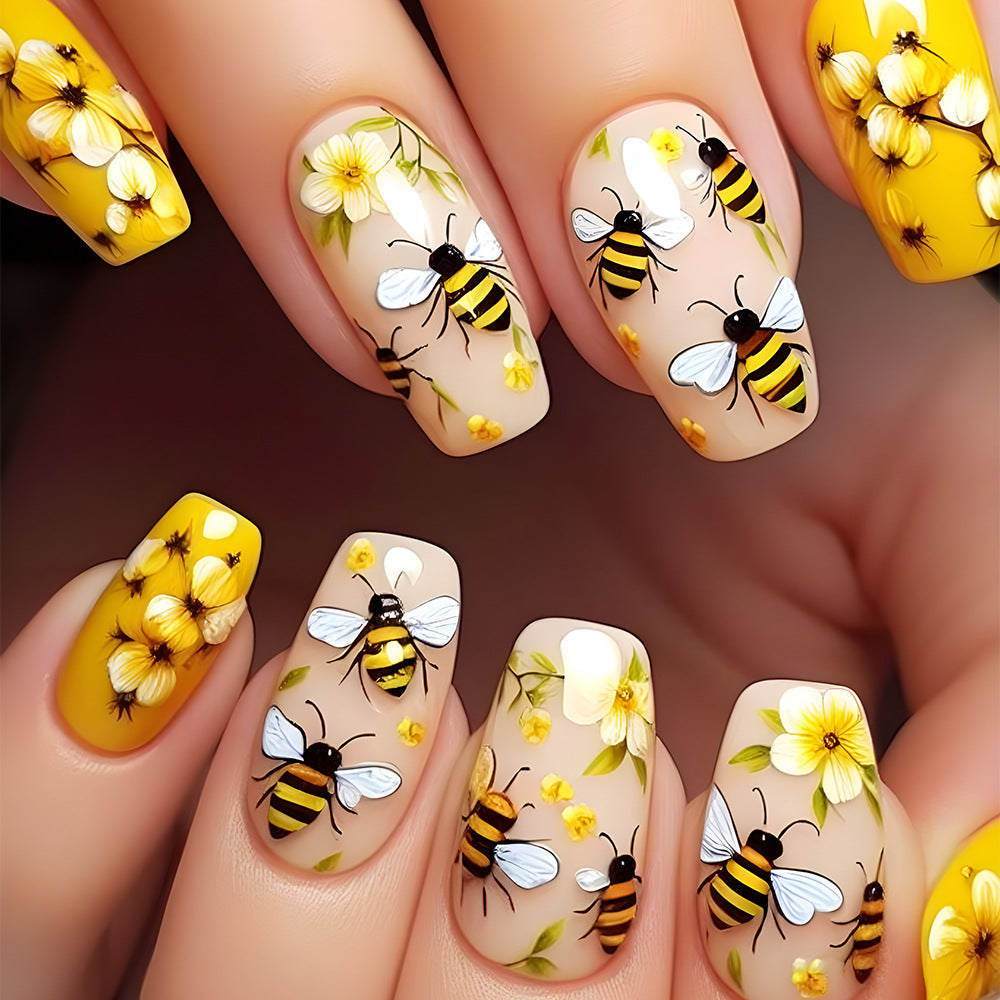 24-Piece Long Coffin-Shaped Fake Nail Set with Flower and Bee Designs