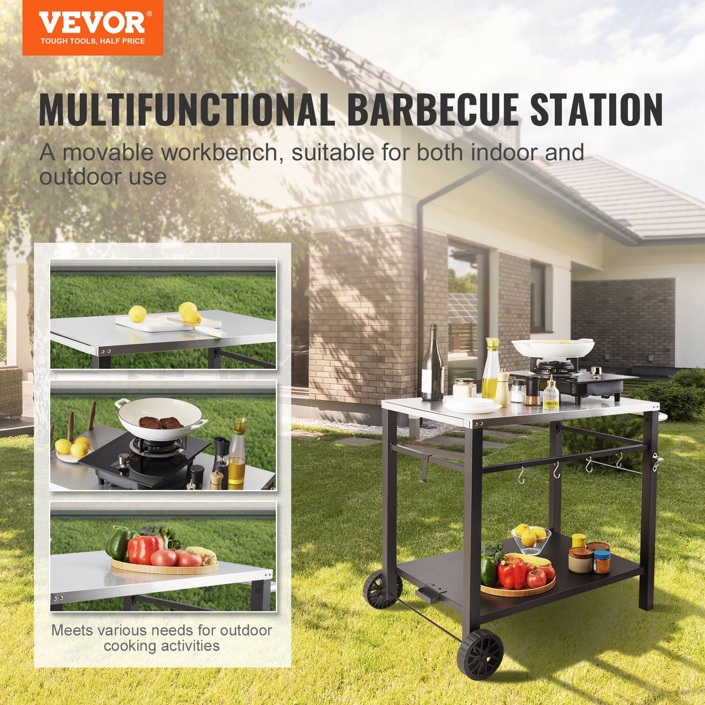 Portable BBQ Dining Cart with Double Shelf - Stainless Steel