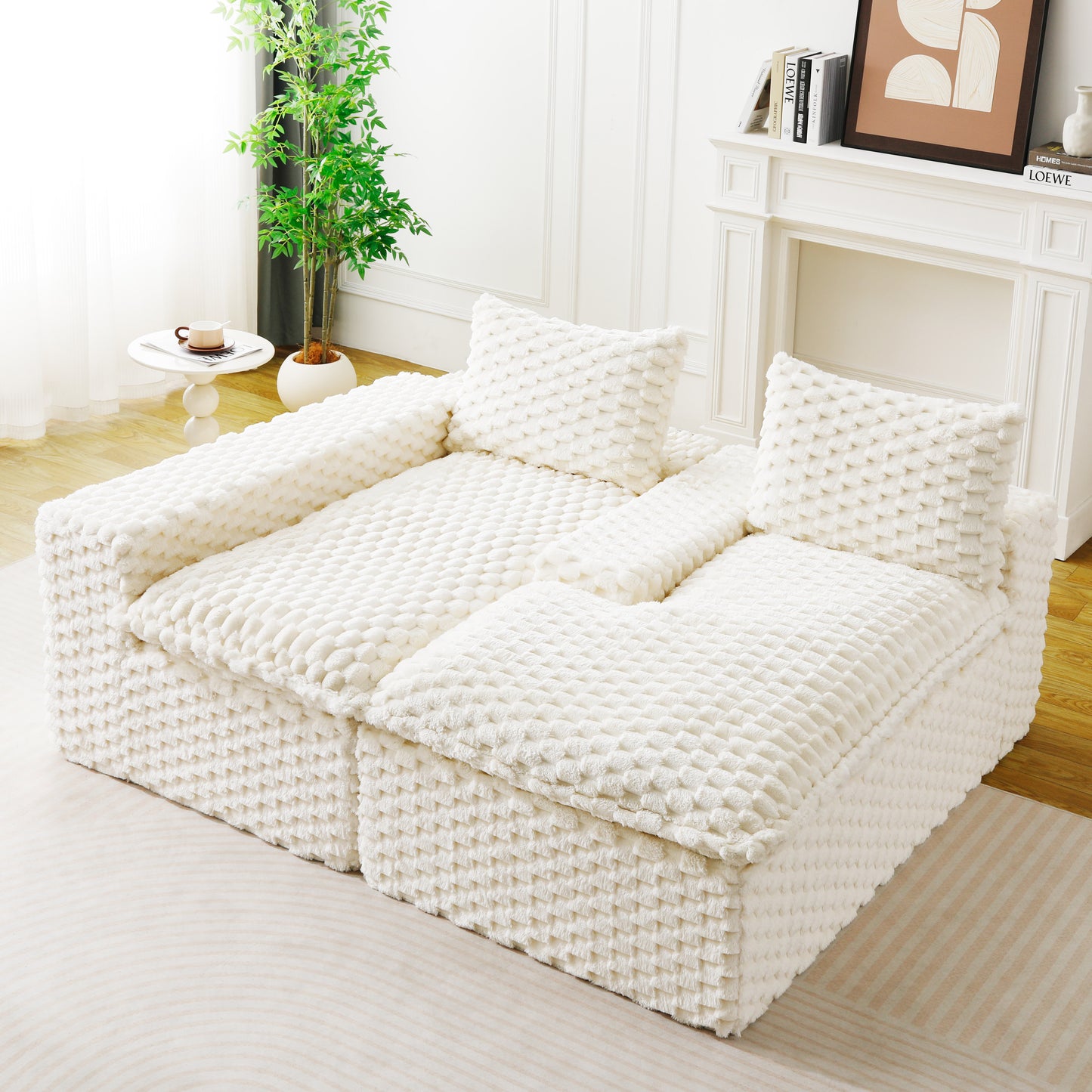Convertible Twin-Seat Velvet Sofa with Left Chaise Lounge - White