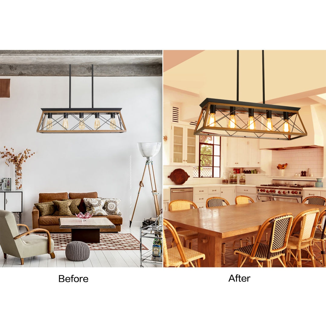 32-Inch Walnut Industrial 5-Light Pendant Chandelier - Adjustable