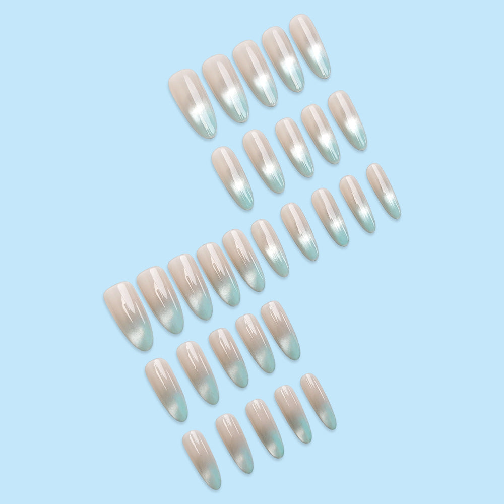 Long Oval Press-On Acrylic Nail Art Kit with Blue Gradient & Cat-Eye Effect - Includes Glue & Nail File