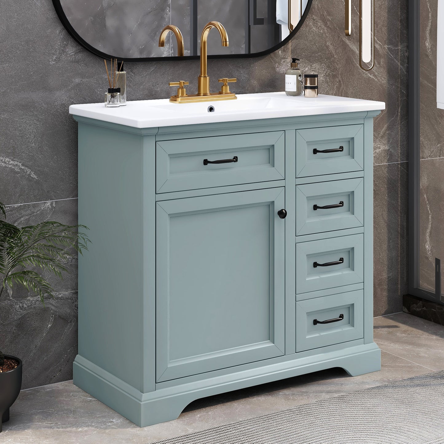 36-Inch Bathroom Vanity with Ceramic Sink & Soft-Close Drawers - Grey