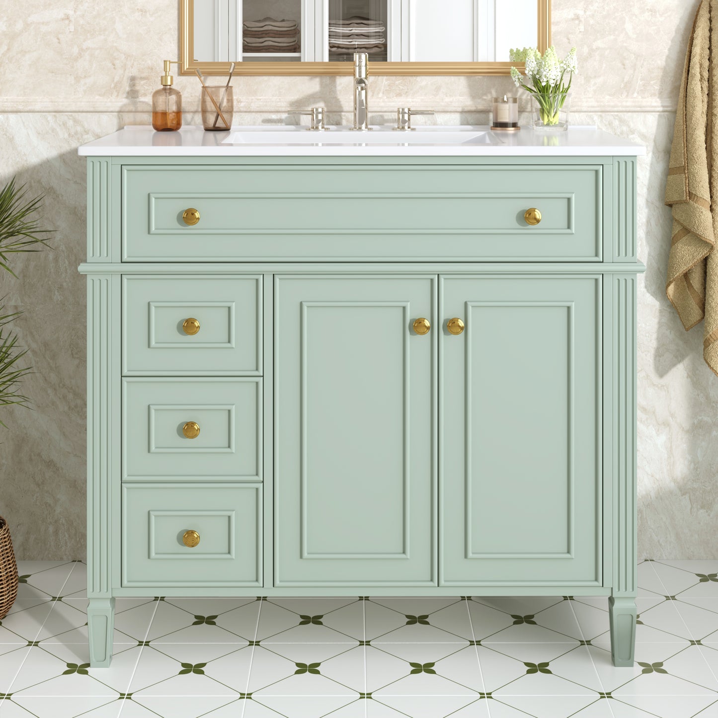 36-Inch Green Bathroom Vanity with Sink, 3 Drawers & Soft-Close Doors