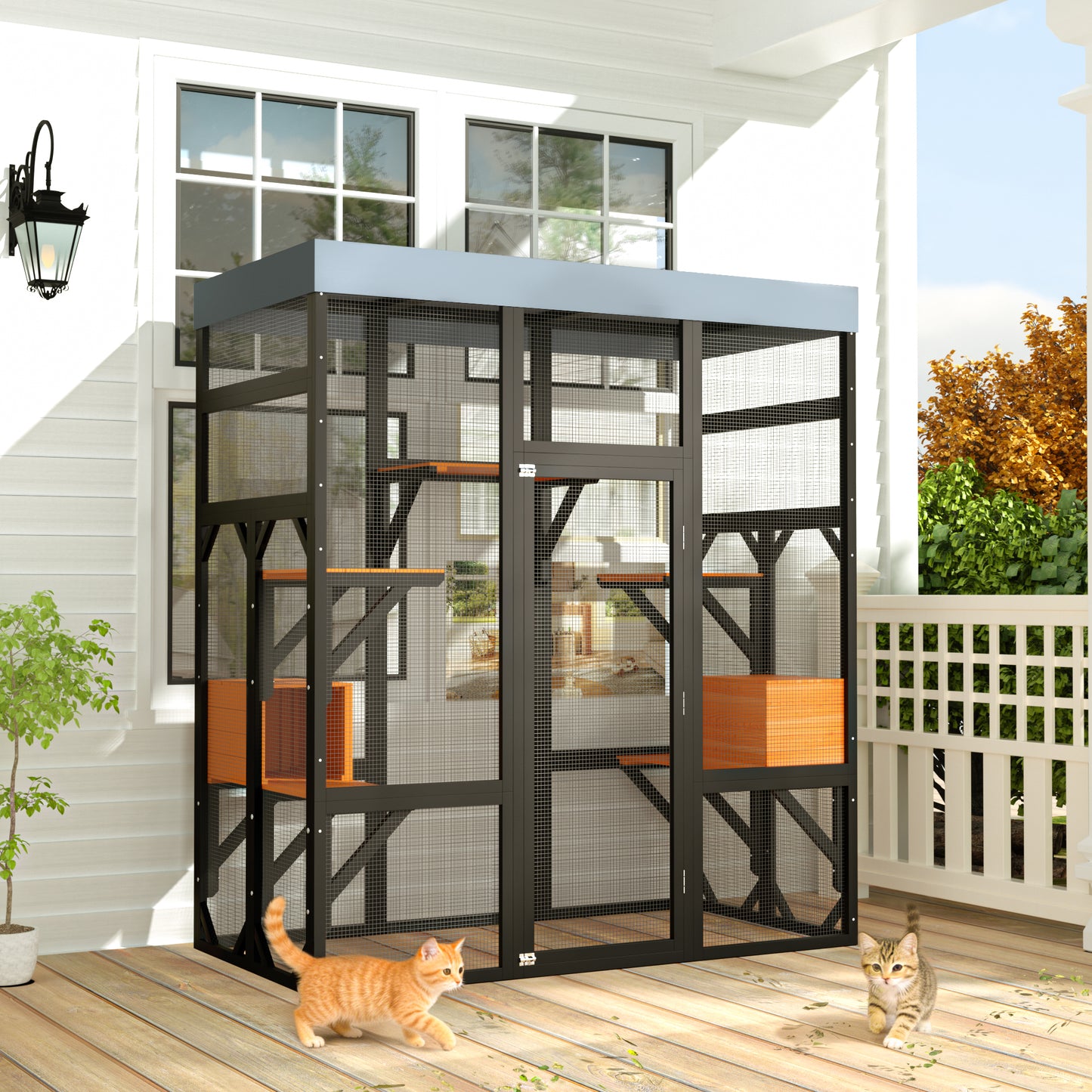 Large Wooden Cat Enclosure with Waterproof Cover and Multiple Platforms