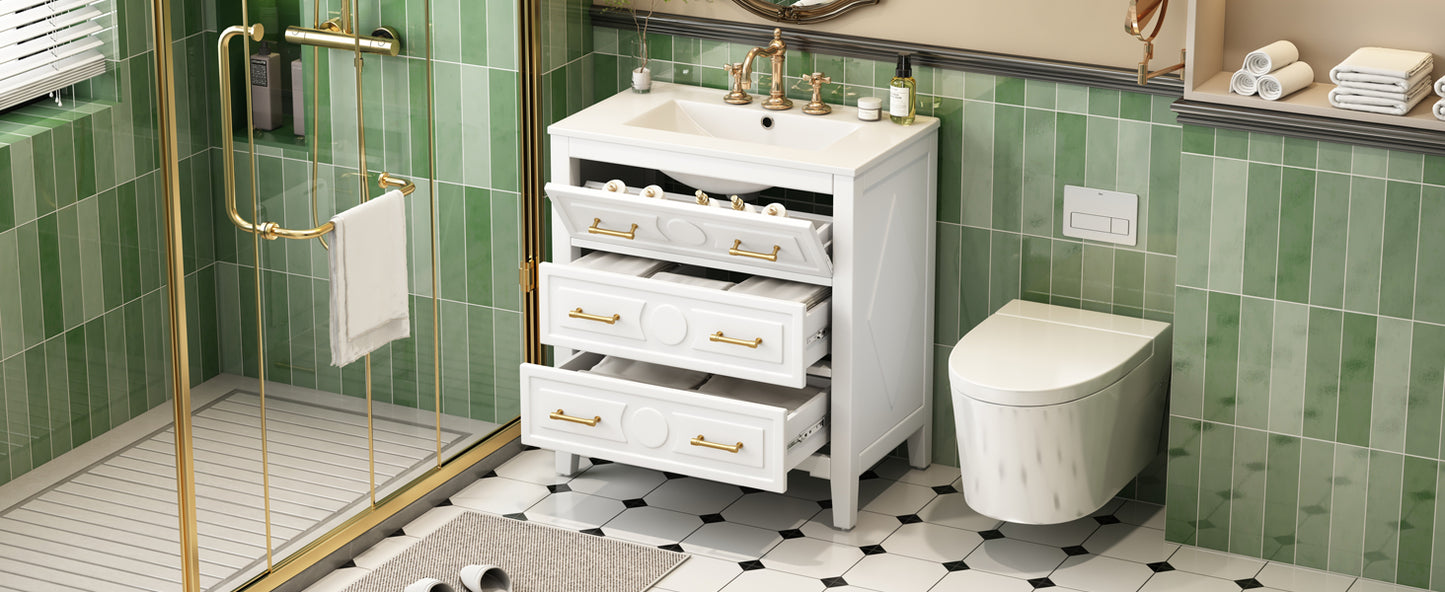 30'' White Bathroom Vanity with Ceramic Sink and 3 Drawers