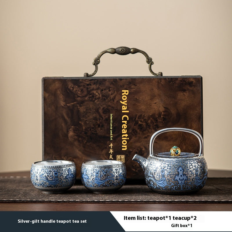 Gilded Silver Tea Set with Teapot - Retro Luxury Portable Drinkware