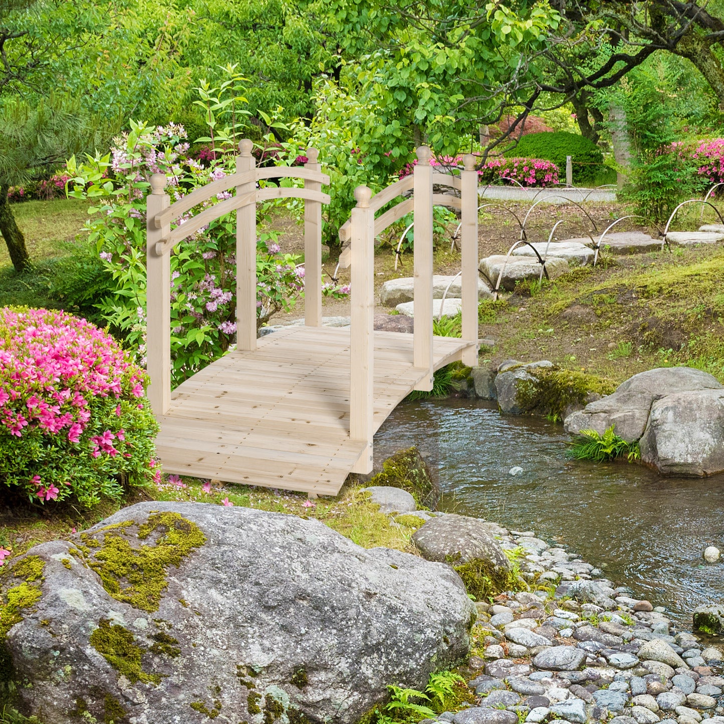 Wooden Garden Bridge with Safety Rails - 7.5 ft Natural Fir Wood for Ponds and Walkways