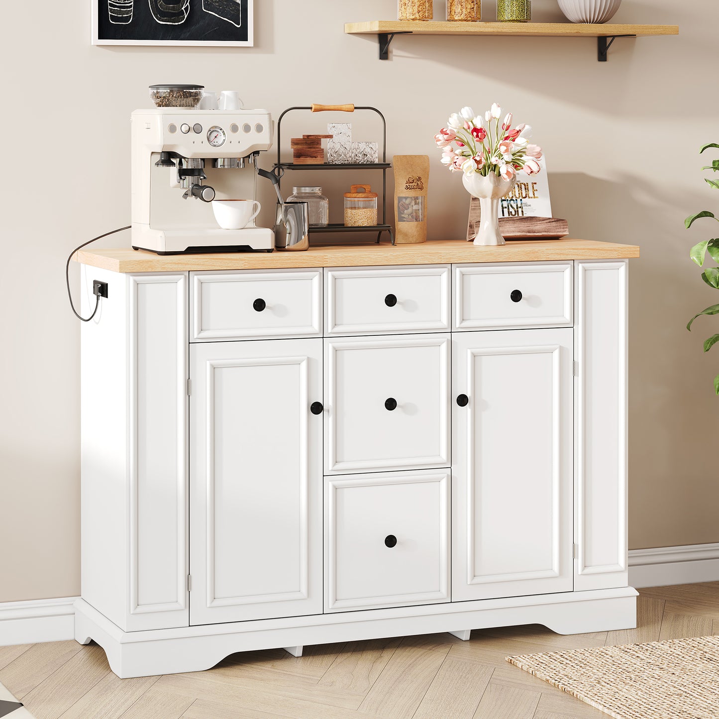 Sideboard Buffet Cabinet with 5 Drawers and 2 Cabinets - White