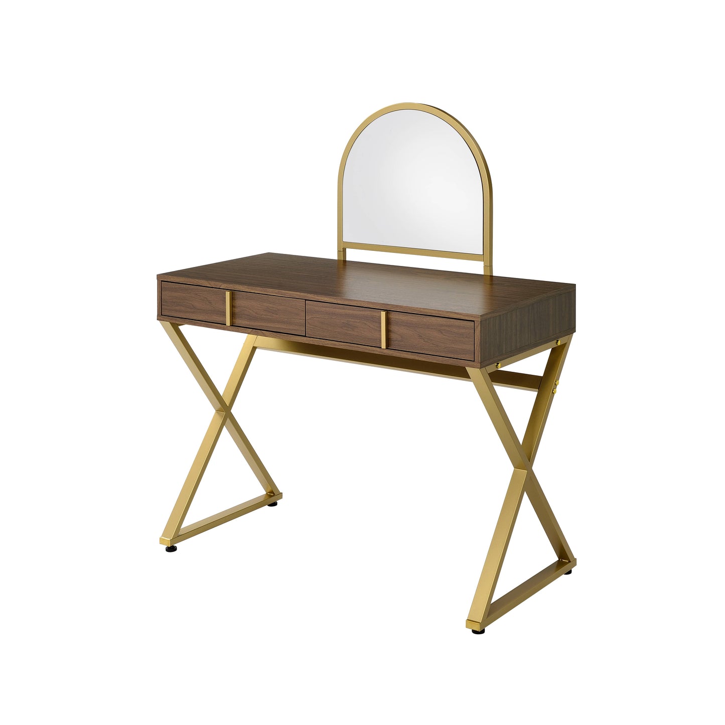 Walnut & Gold Finish Vanity Desk with Mirror & Jewelry Tray