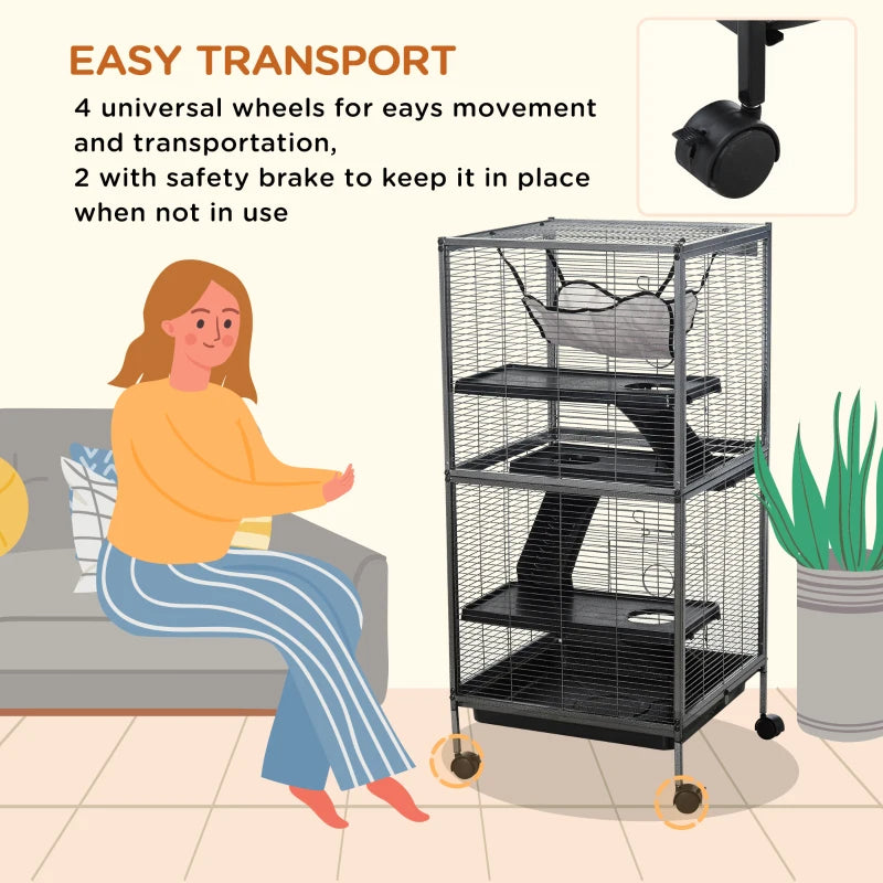 Small Animal Cage with Wheels, Multi-Tier Ferret and Chinchilla Habitat - Gray