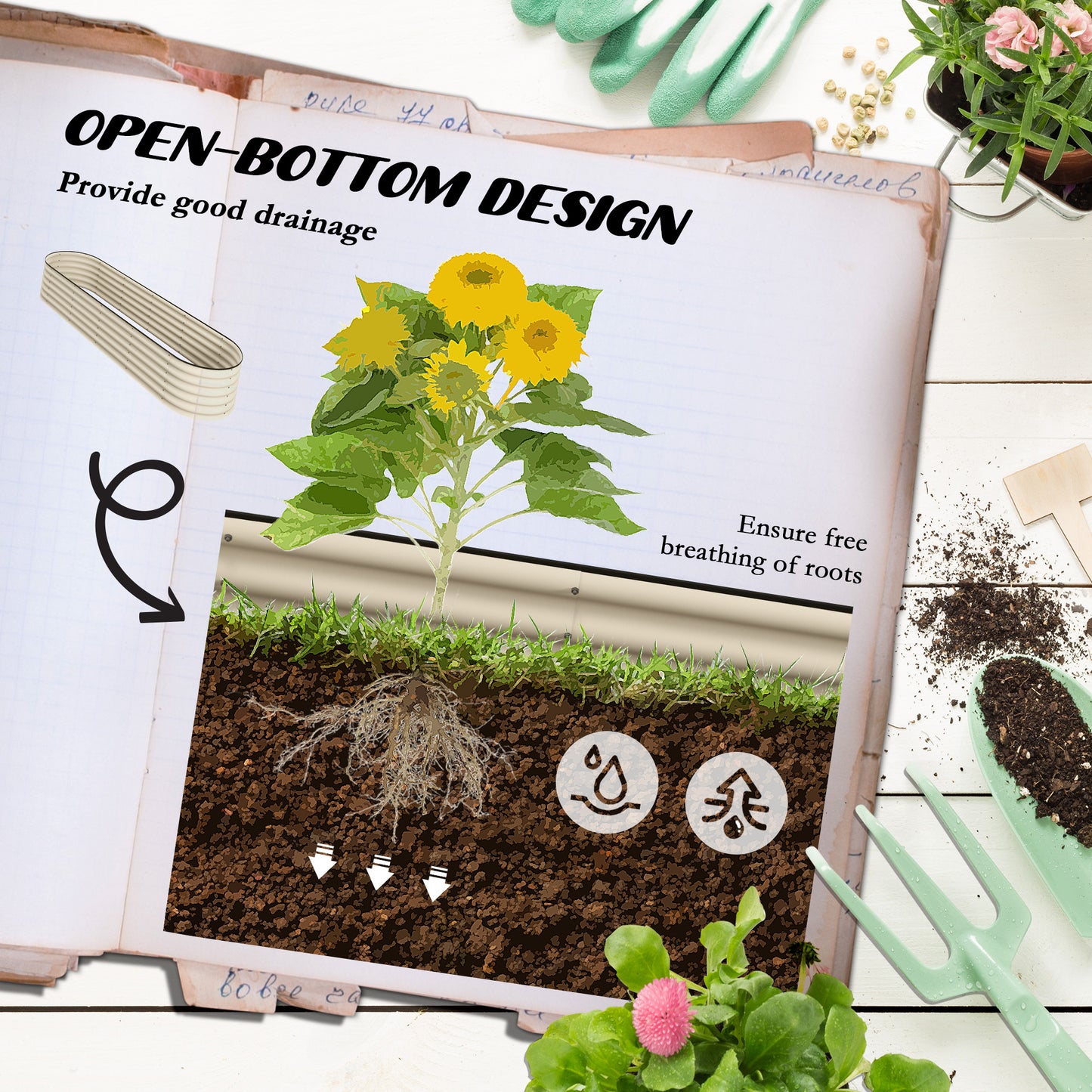 Galvanized Raised Garden Bed Kit - Metal Planter Box with Safety Edging, Cream